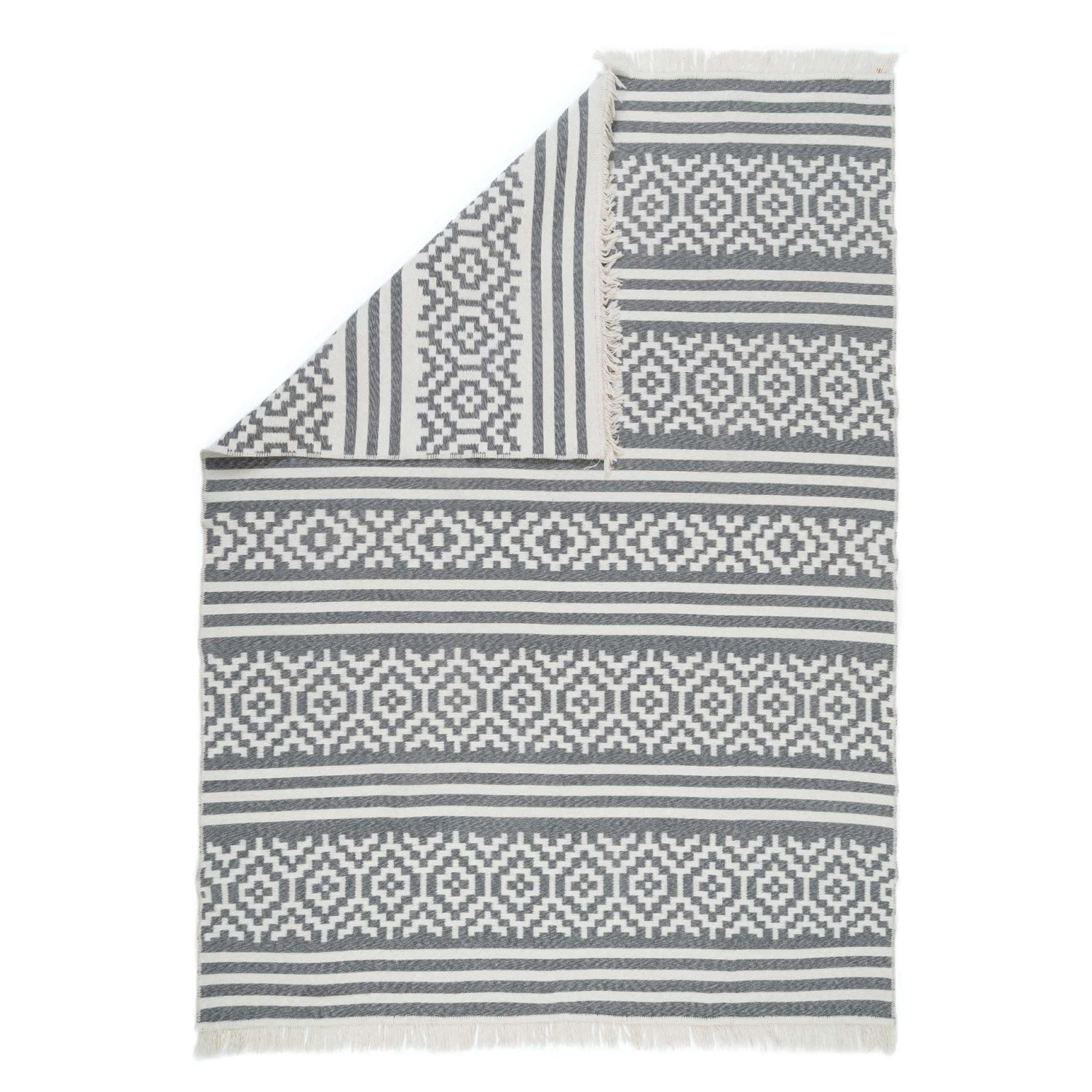 Reversible Recycled Cotton Grey Aztec Motif Rug - Sian 3 Reversible Recycled Cotton Grey Aztec Motif Rug - Sian