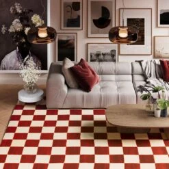 Burnt Orange Retro Checkerboard Rug - Maze Rust -Kukoon Rugs Store maze rust final edited for web 2