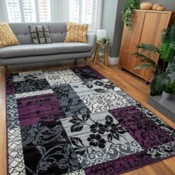 Purple Grey Modern Patchwork Bedroom Rugs -Kukoon Rugs Store milan 1568 hs33 05504