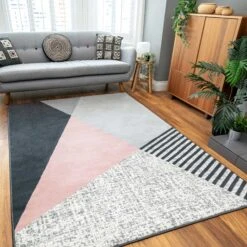 Pink Grey Modern Geometric Bedroom Rug -Kukoon Rugs Store milan 3606 gb55 05519