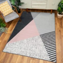 Pink Grey Modern Geometric Bedroom Rug -Kukoon Rugs Store milan 3606 gb55 05519 5B4 5D