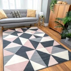 Pink Grey Diamond Geometric Living Room Rug -Kukoon Rugs Store milan 3646 gb55 05702