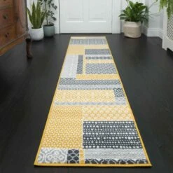 Yellow Grey Patchwork Hallway Runner Rug