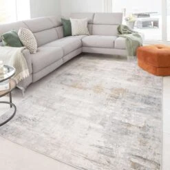 Modern Soft Grey Gold Distressed Abstract Living Room Rug - Moonshine -Kukoon Rugs Store moonshine grey 8957