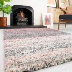 Blush Pink Stripe Shaggy Rug -Kukoon Rugs Store murano blush stripe 4051 5B1 5D