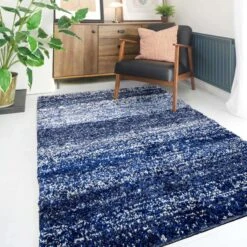 Navy Mottled Striped Shaggy Living Room Rug -Kukoon Rugs Store murano navy stripe 4093
