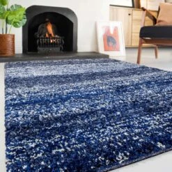 Navy Mottled Striped Shaggy Living Room Rug -Kukoon Rugs Store murano navy stripe 4093 5B1 5D