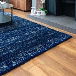 Navy Mottled Striped Shaggy Living Room Rug -Kukoon Rugs Store murano navy stripe 4093 5B4 5D