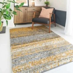 Premium Cosy Ochre Striped Shaggy Rug -Kukoon Rugs Store murano ochre stripe 3847