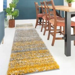 Premium Cosy Ochre Striped Shaggy Rug -Kukoon Rugs Store murano ochre stripe 3847 5B2 5D