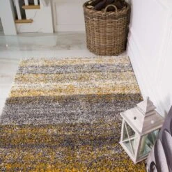 Premium Cosy Ochre Striped Shaggy Rug -Kukoon Rugs Store murano ochre stripe 3847 5B3 5D