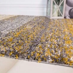 Premium Cosy Ochre Striped Shaggy Rug -Kukoon Rugs Store murano ochre stripe 3847 5B4 5D