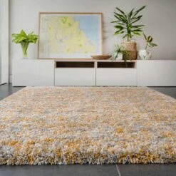 Soft Mottled Gold Grey Shaggy Area Rug -Kukoon Rugs Store ochre 07089