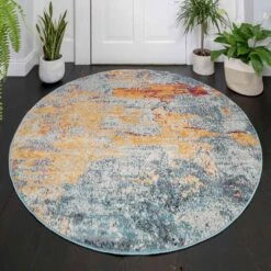 Round Circle Gold Blue Distressed Living Room Rug -Kukoon Rugs Store oscar mia multi 1 5B1 5D