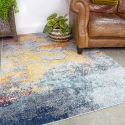 Round Circle Gold Blue Distressed Living Room Rug -Kukoon Rugs Store oscar mia multi 1 5B5 5D