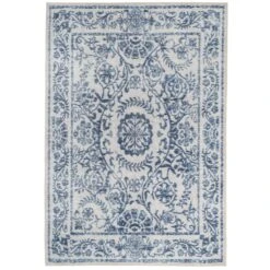 Flatwoven Washable Distressed Blue Damask Rug - Bala