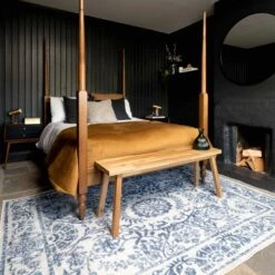 Flatwoven Washable Distressed Blue Damask Rug - Bala -Kukoon Rugs Store renuu Bala 20Blue 03271 5B1 5D