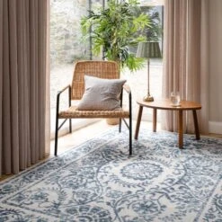 Flatwoven Washable Distressed Blue Damask Rug - Bala -Kukoon Rugs Store renuu Bala 20Blue 03271 5B5 5D