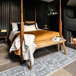 Flatwoven Washable Distressed Blue Damask Runner - Bala -Kukoon Rugs Store renuu Bala 20Blue 03274 5B1 5D