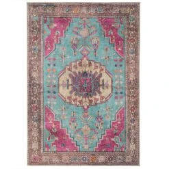 Flatwoven Washable Vibrant Teal Pink Distressed Boho Rug - Clarissa
