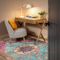 Flatwoven Washable Vibrant Teal Pink Distressed Boho Rug - Clarissa -Kukoon Rugs Store renuu Clarissa 20Multi 03292 5B1 5D