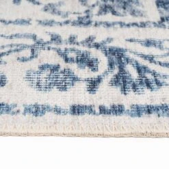 Flatwoven Washable Distressed Blue Damask Rug - Bala -Kukoon Rugs Store renuu bala blue studio 05818
