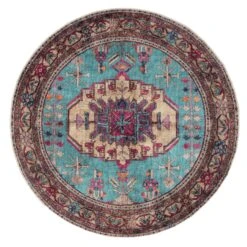 Flatwoven Washable Vibrant Teal Pink Distressed Boho Rug - Clarissa -Kukoon Rugs Store renuu clarissa multi circle 09885 overhead sq