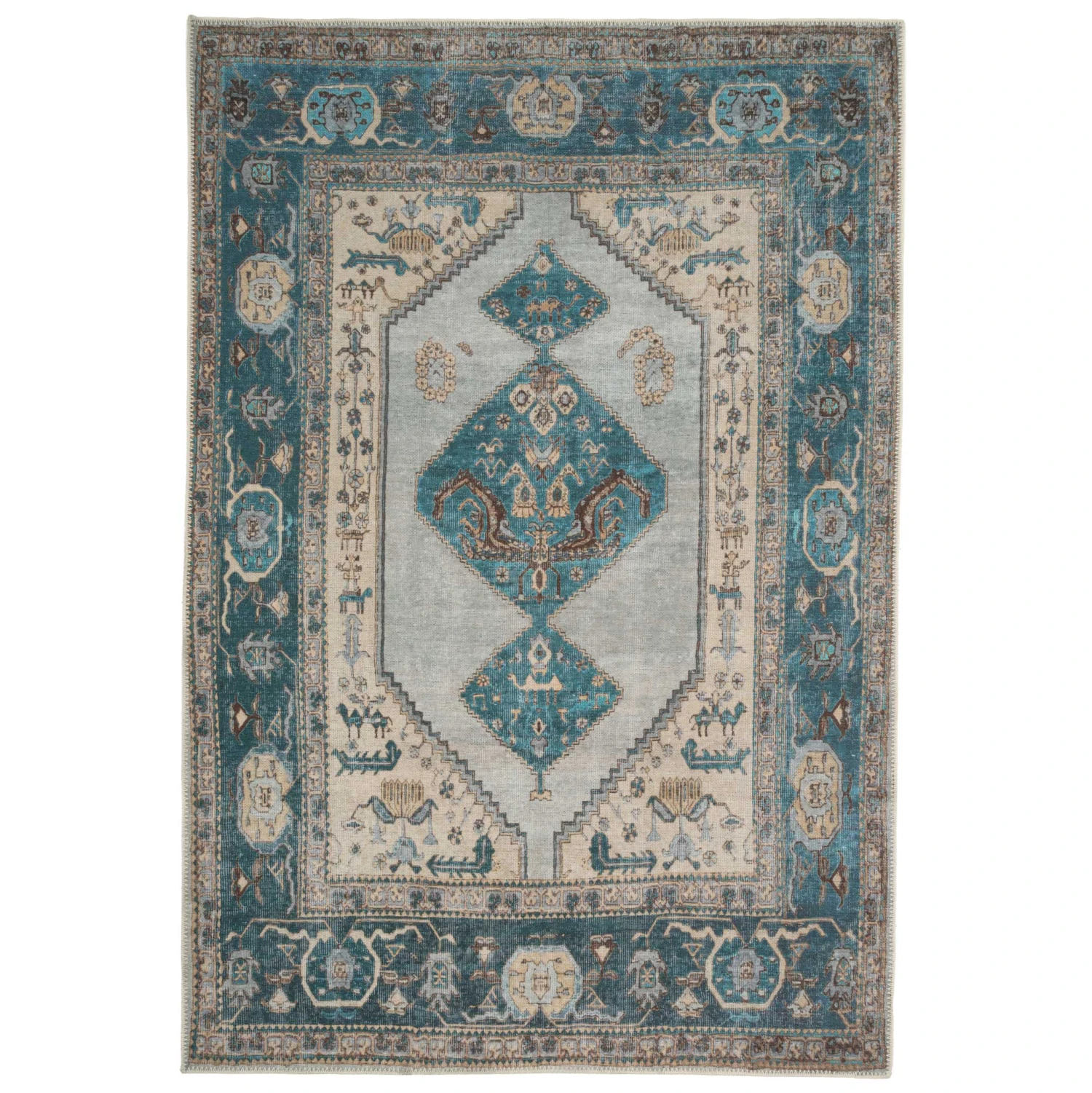 Flatwoven Washable Distressed Teal Bordered Rug - Cyrus 3 Flatwoven Washable Distressed Teal Bordered Rug - Cyrus