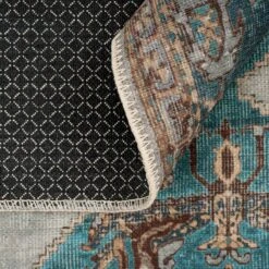 Flatwoven Washable Distressed Teal Bordered Rug - Cyrus 17 Flatwoven Washable Distressed Teal Bordered Rug - Cyrus -Kukoon Rugs Store renuu cyrus blue 08014