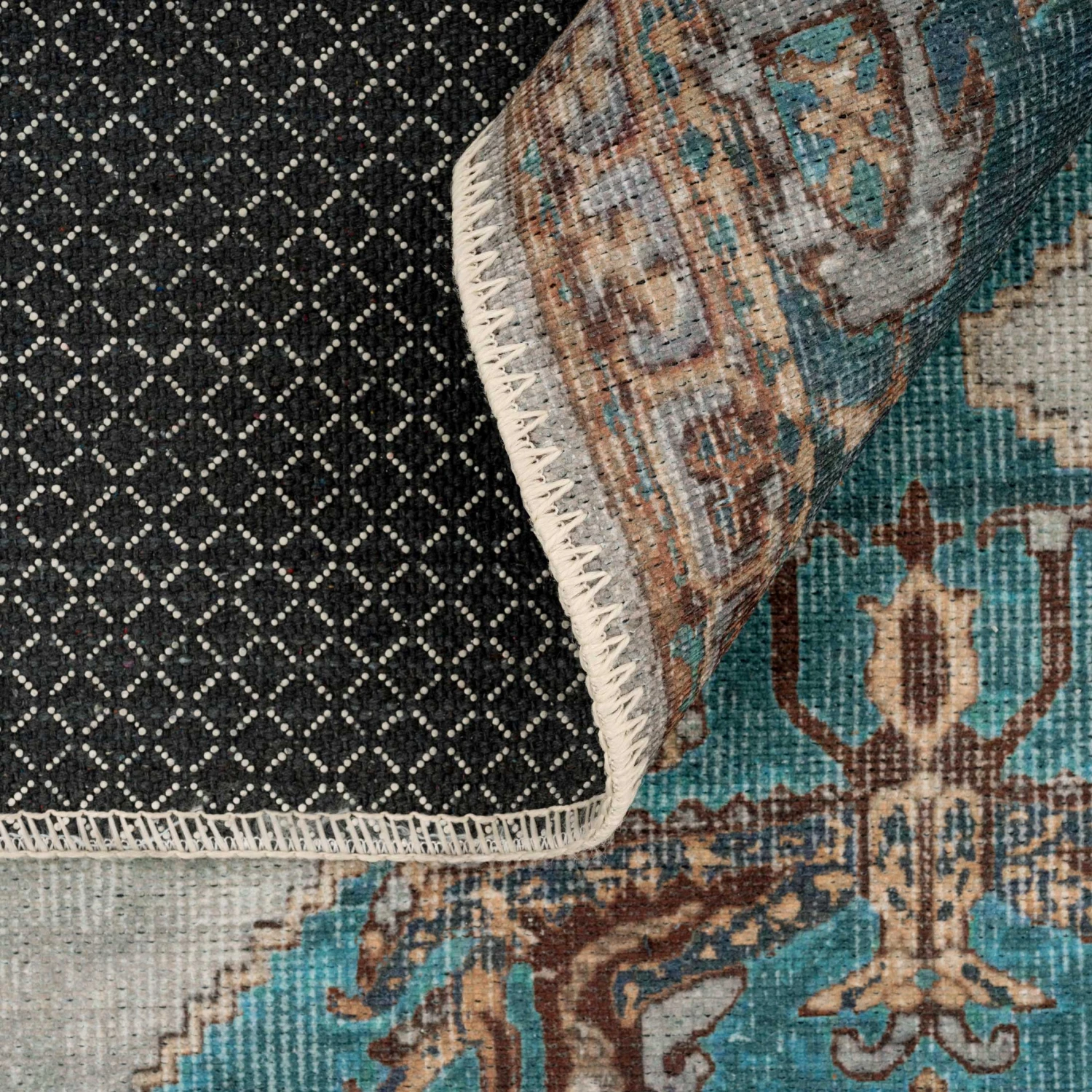 Flatwoven Washable Distressed Teal Bordered Rug - Cyrus 5 Flatwoven Washable Distressed Teal Bordered Rug - Cyrus - Image 3