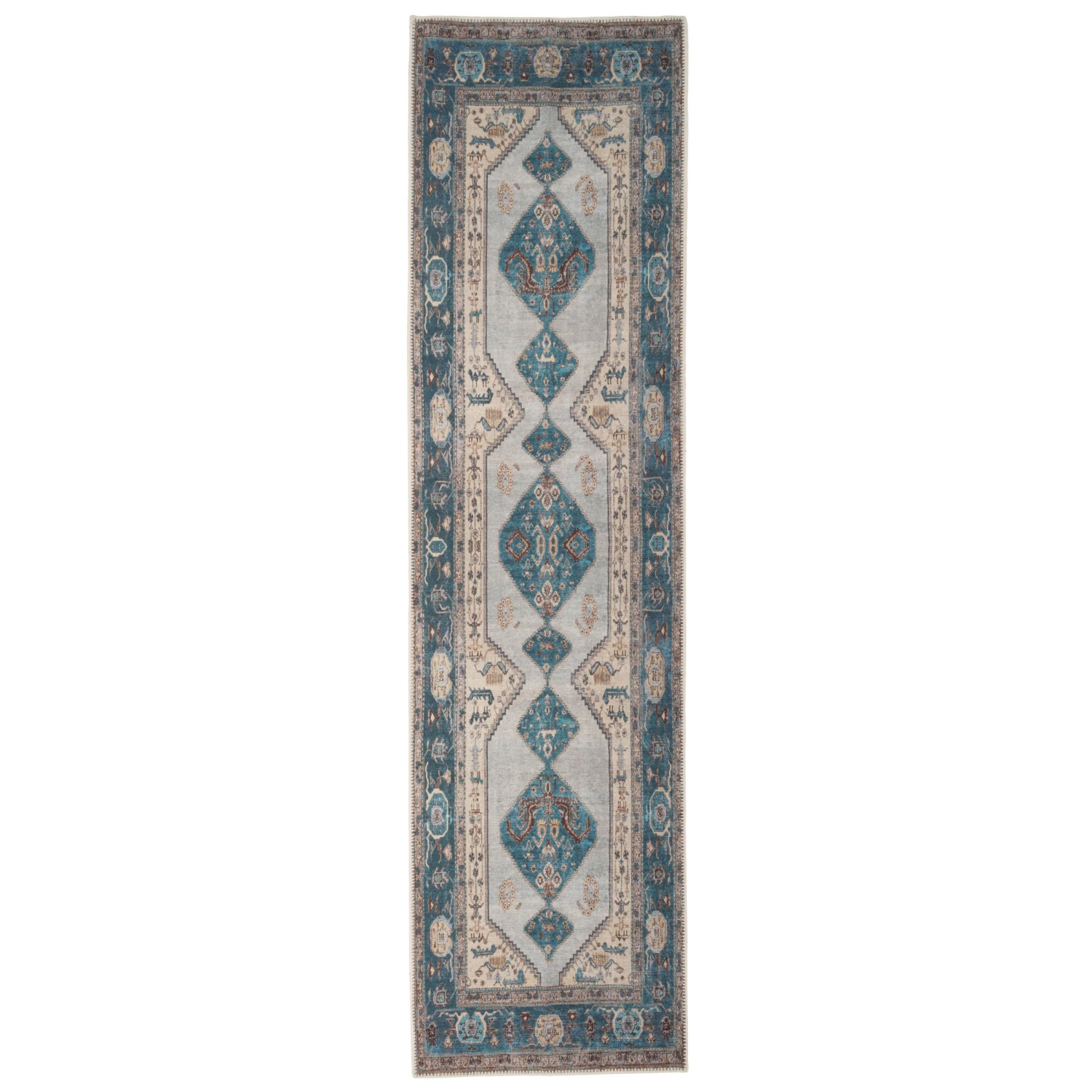 Flatwoven Washable Distressed Teal Bordered Rug - Cyrus 14 Flatwoven Washable Distressed Teal Bordered Rug - Cyrus - Image 12