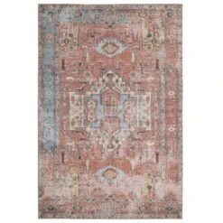 Flatwoven Washable Distressed Terracotta Aztec Boho Rug - Yana