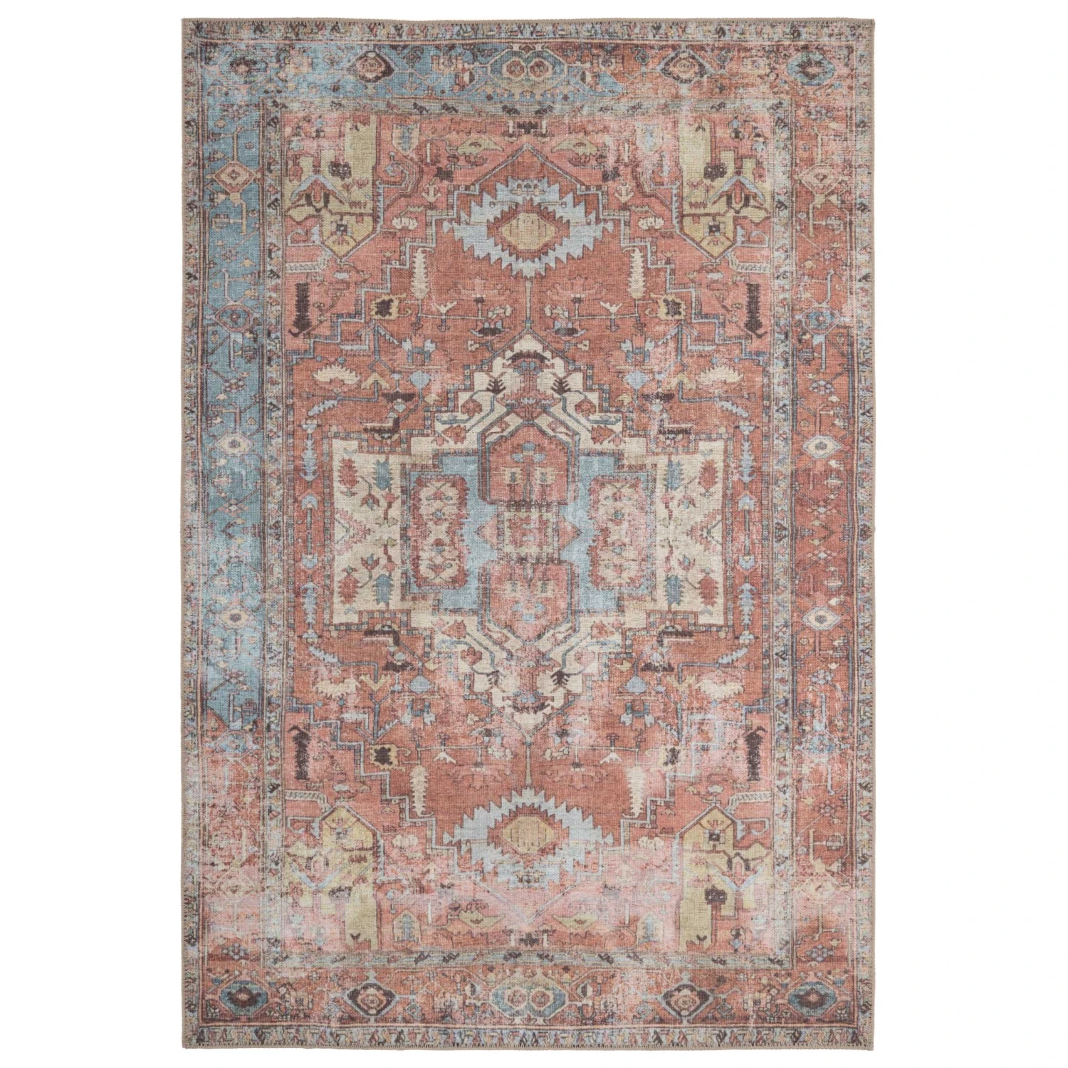 Flatwoven Washable Distressed Terracotta Aztec Boho Rug - Yana 3 Flatwoven Washable Distressed Terracotta Aztec Boho Rug - Yana