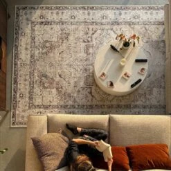 Flatwoven Washable Vintage Ivory Area Rug - Margot -Kukoon Rugs Store renuu margot Beige Abstract Living Room thefoxesmaltings Rug