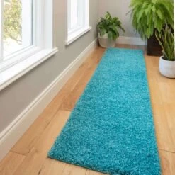 Soft Teal Blue Shaggy Runner Rug