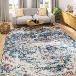 Washable Vintage Blue Distressed Rug - Lyra -Kukoon Rugs Store verona lyra living room final