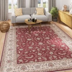 Washable Red Bordered Floral Rug - Matilda -Kukoon Rugs Store verona matilda living room